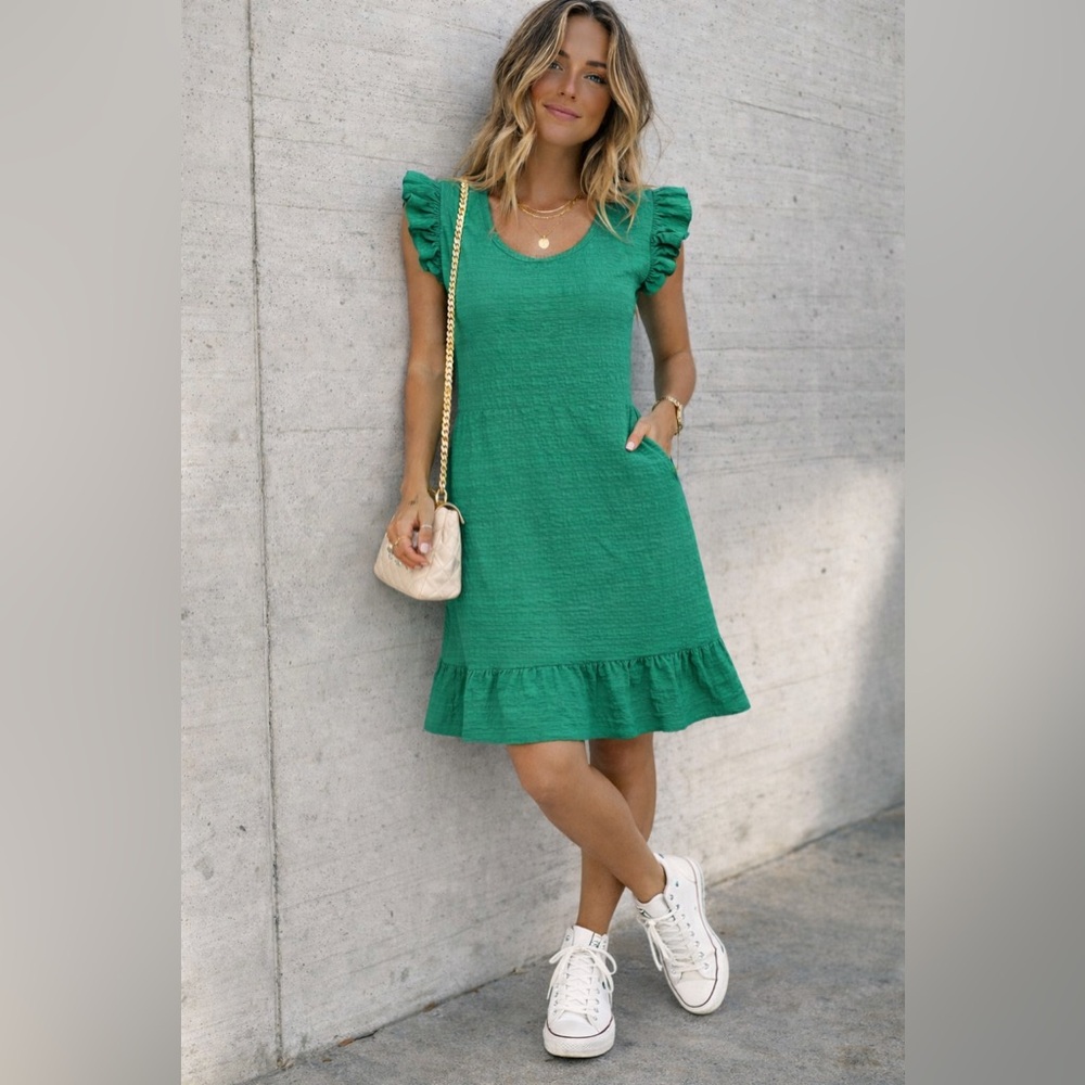 Green Textured Ruffle Sleeve Mini Dress Size XS Flutter Sleeve
